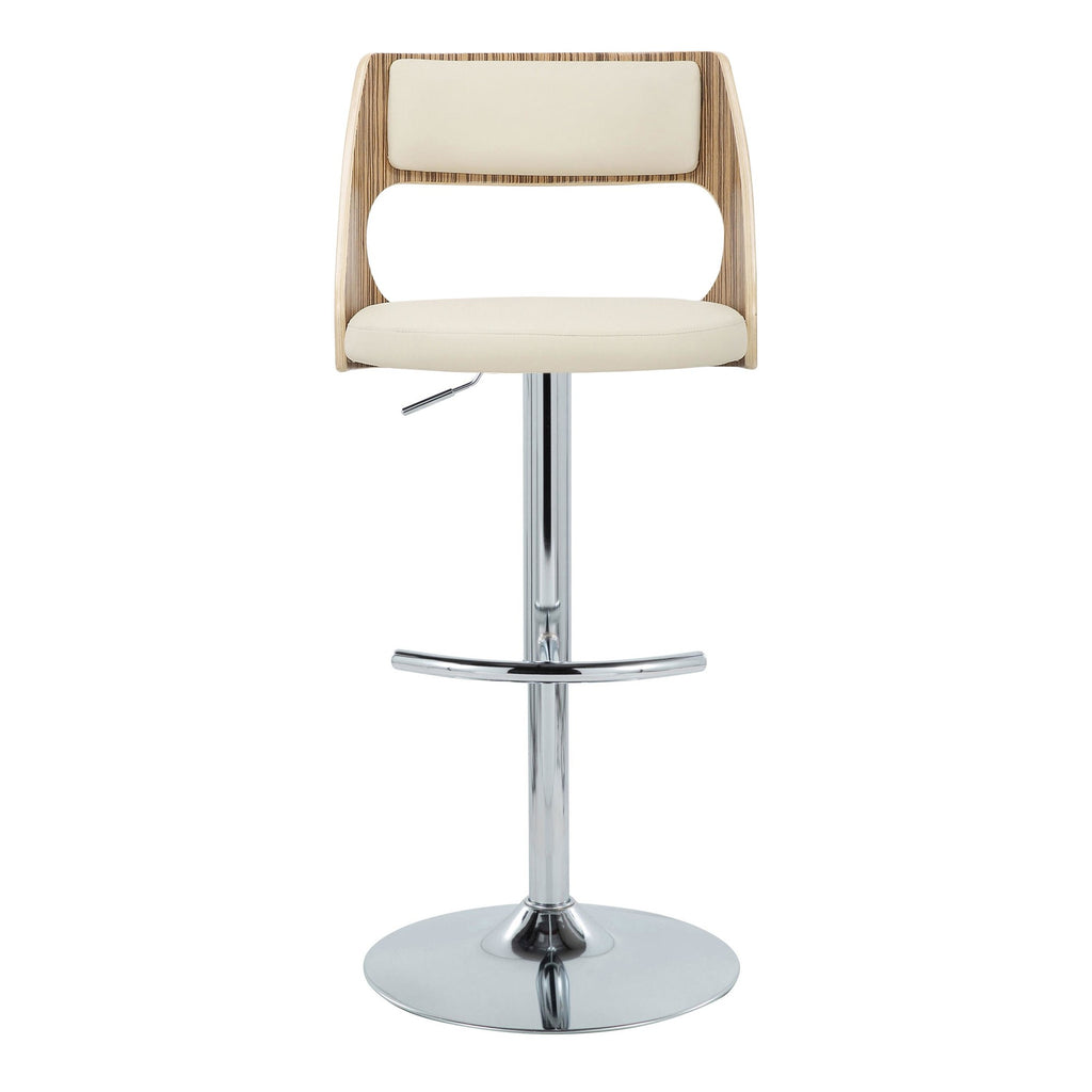 Cecina Adjustable Barstool - Set of 2 - Chrome Metal, Zebra Wood, Cream PU