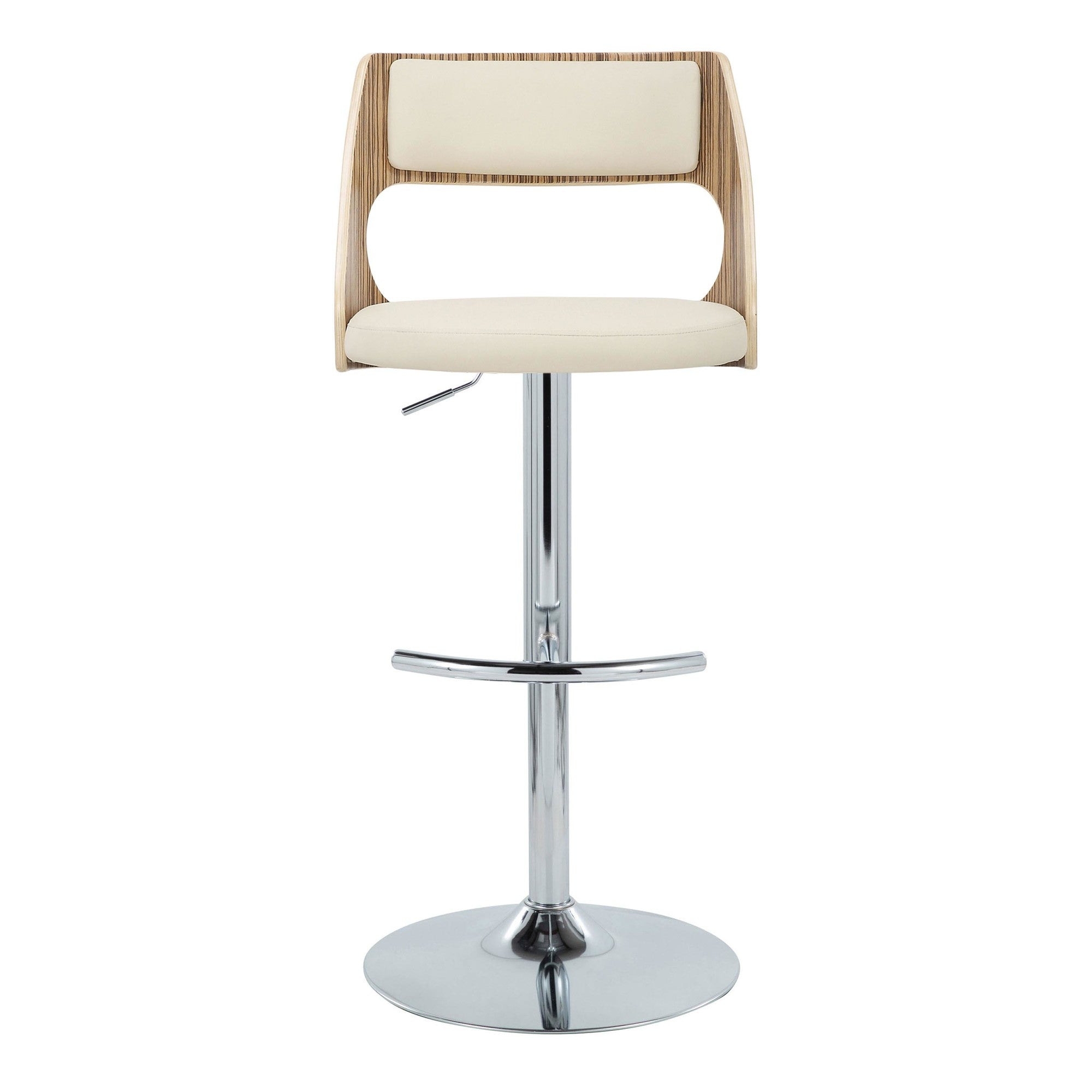 Cecina Adjustable Barstool - Set of 2 - Chrome Metal, Zebra Wood, Cream PU