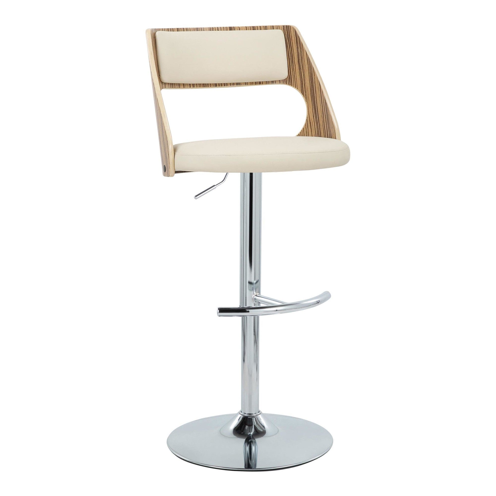 Cecina Adjustable Barstool - Set of 2 - Chrome Metal, Zebra Wood, Cream PU
