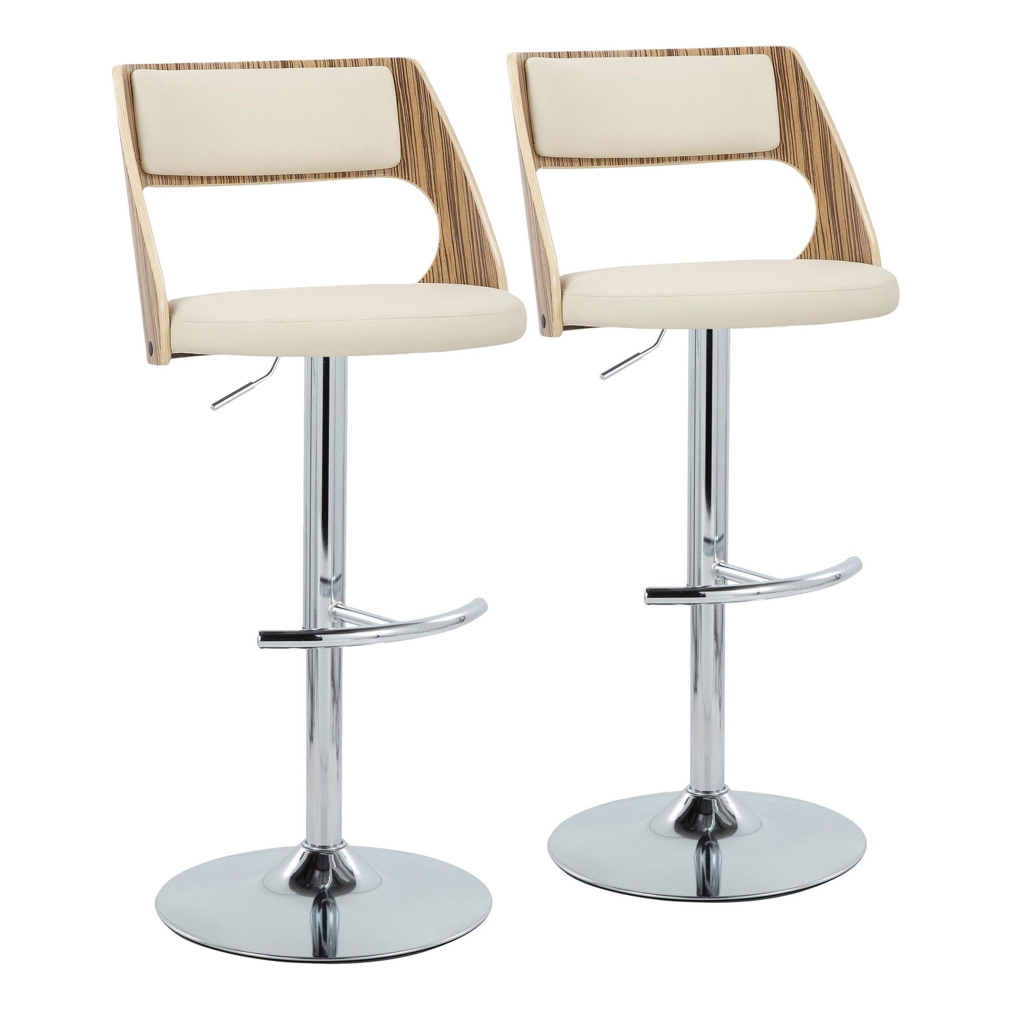 Cecina Adjustable Barstool - Set of 2 - Chrome Metal, Zebra Wood, Cream PU