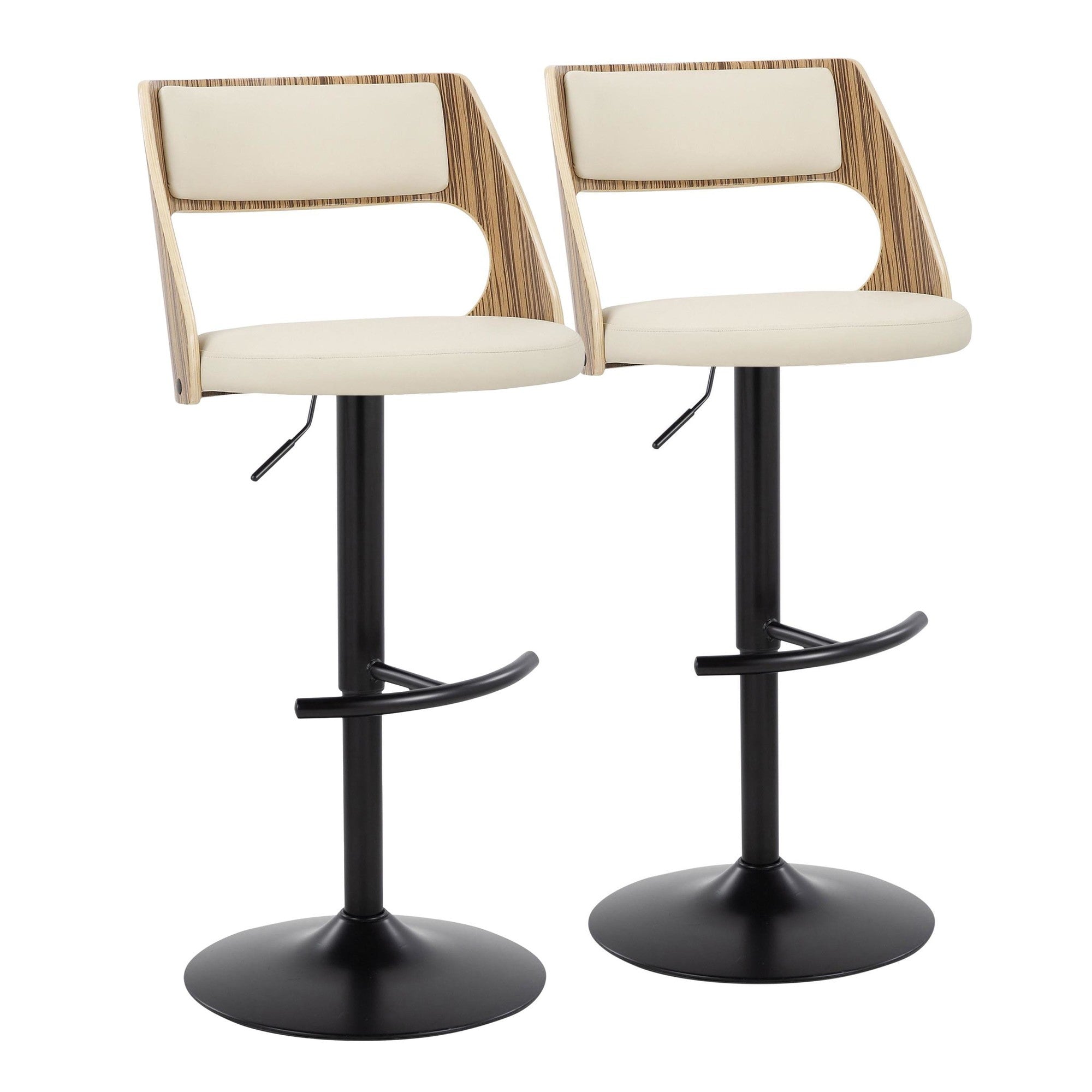 Cecina Adjustable Barstool - Set of 2 - Black Metal, Zebra Wood, Cream PU