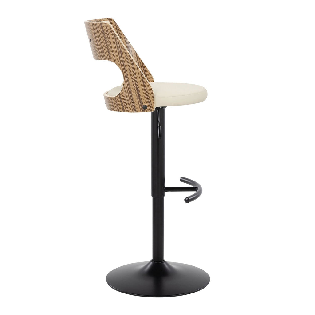 Cecina Adjustable Barstool - Set of 2 - Black Metal, Zebra Wood, Cream PU