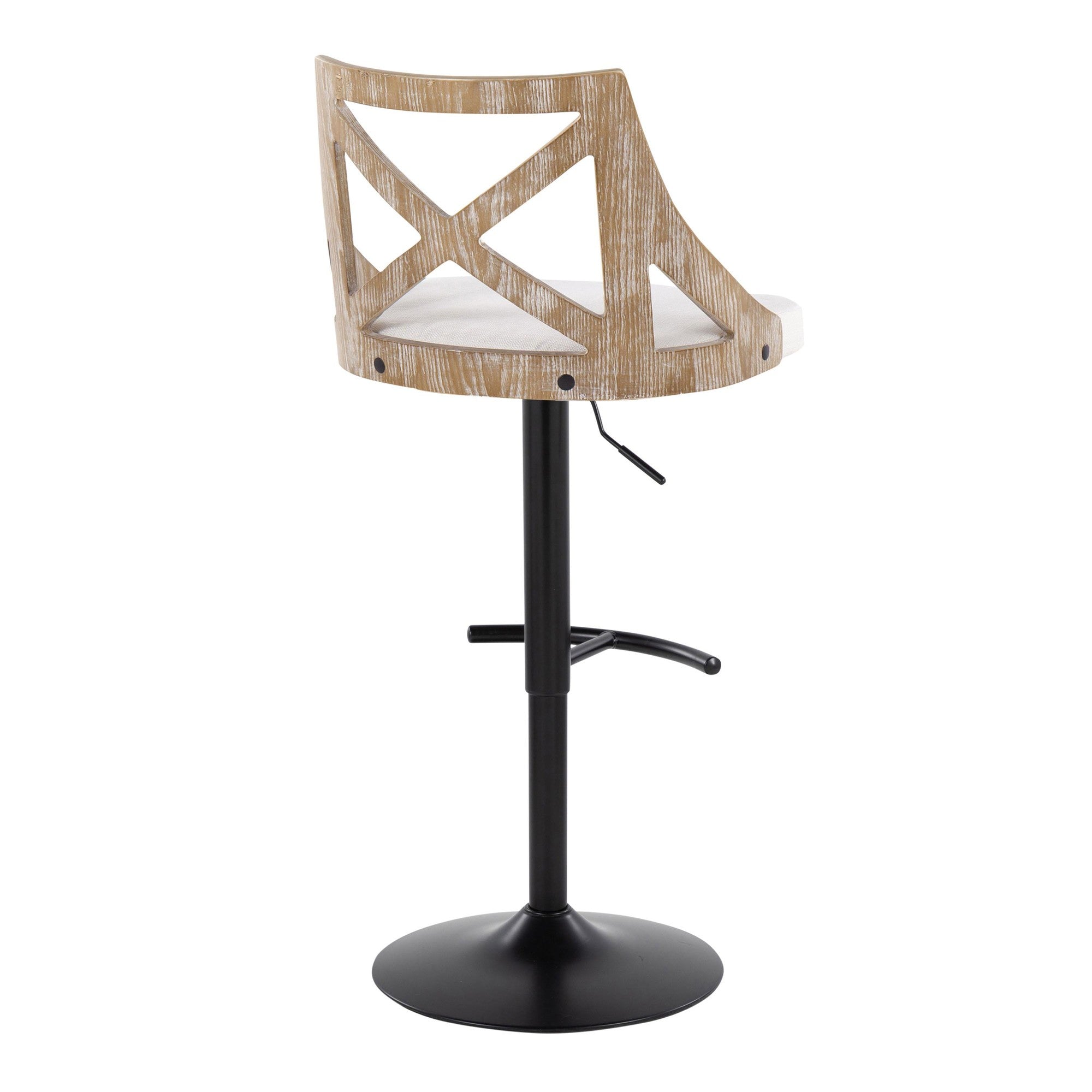 Charlotte Adjustable Barstool - Set of 2 - Black Metal, Whitewashed Wood, Cream Fabric