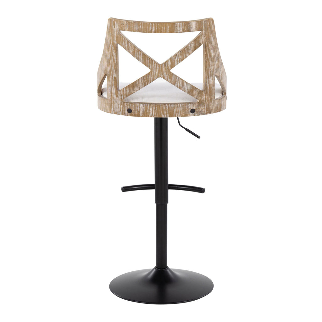 Charlotte Adjustable Barstool - Set of 2 - Black Metal, Whitewashed Wood, Cream Fabric