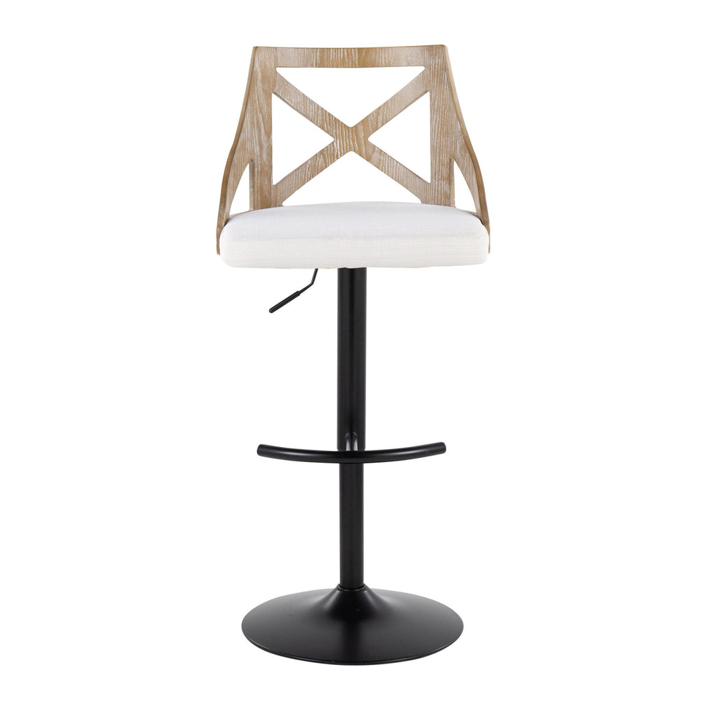 Charlotte Adjustable Barstool - Set of 2 - Black Metal, Whitewashed Wood, Cream Fabric