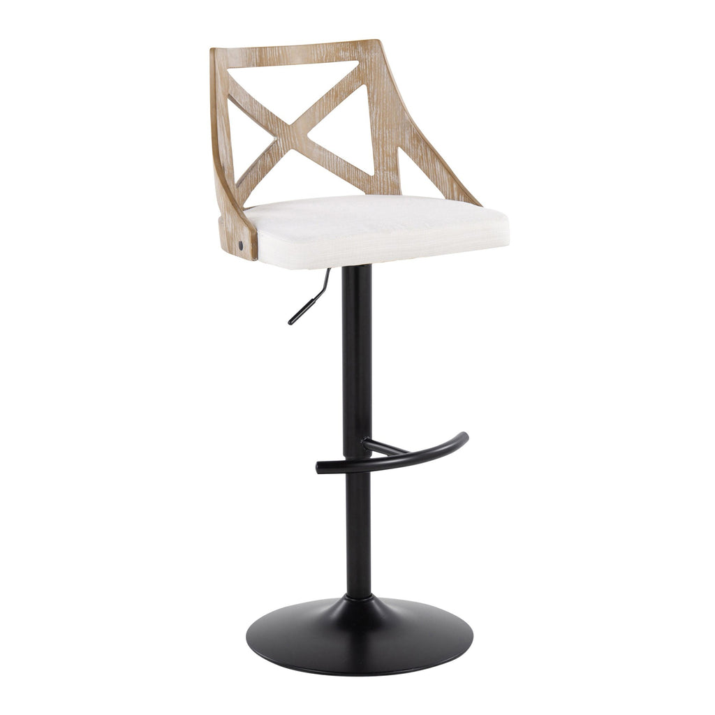 Charlotte Adjustable Barstool - Set of 2 - Black Metal, Whitewashed Wood, Cream Fabric
