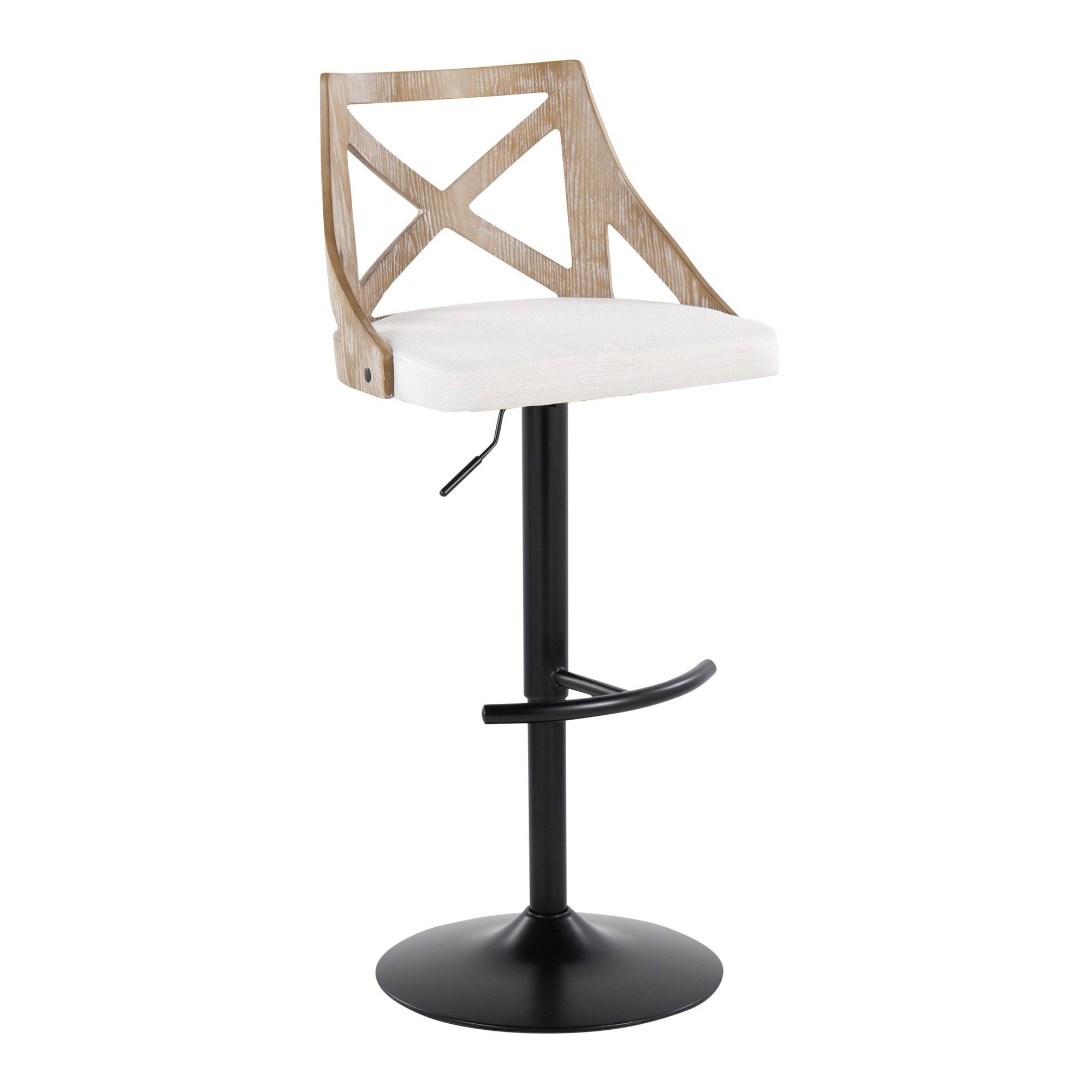 Charlotte Adjustable Barstool - Set of 2 - Black Metal, Whitewashed Wood, Cream Fabric