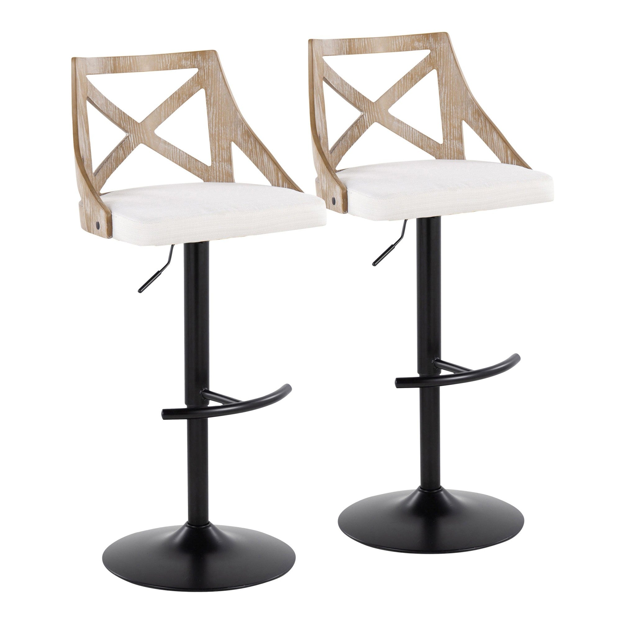 Charlotte Adjustable Barstool - Set of 2 - Black Metal, Whitewashed Wood, Cream Fabric
