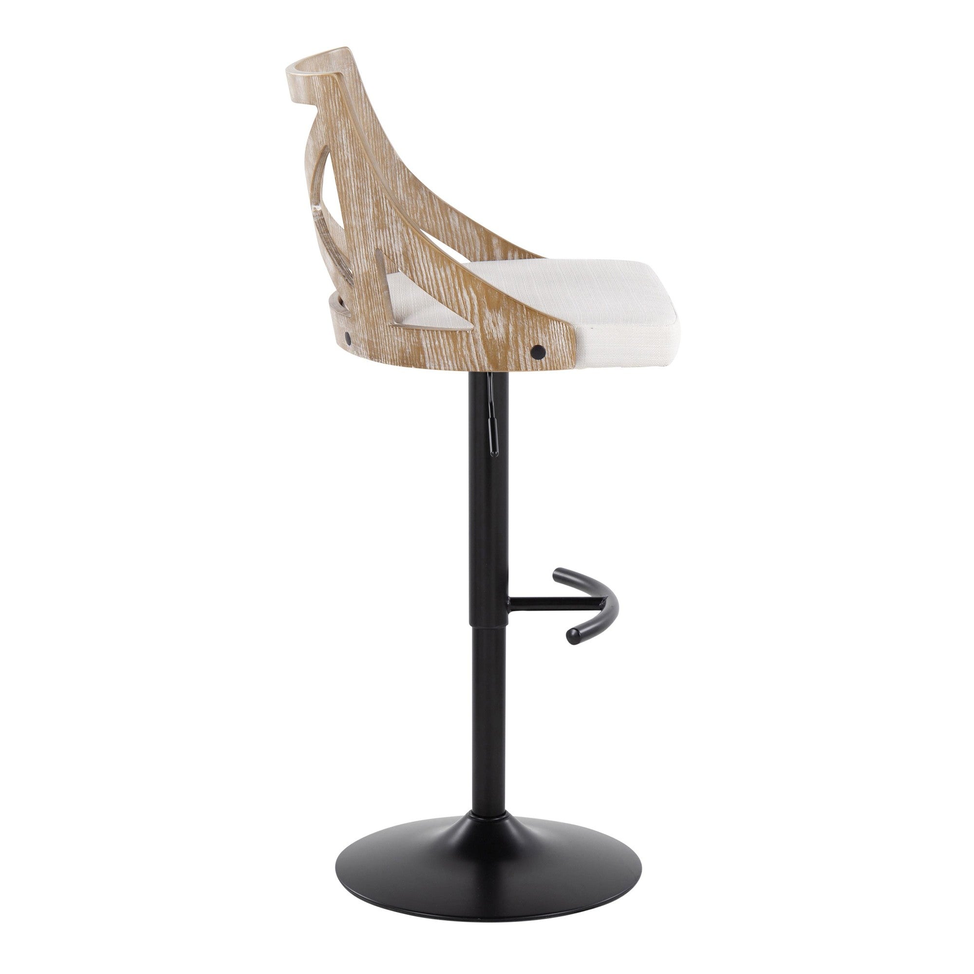 Charlotte Adjustable Barstool - Set of 2 - Black Metal, Whitewashed Wood, Cream Fabric