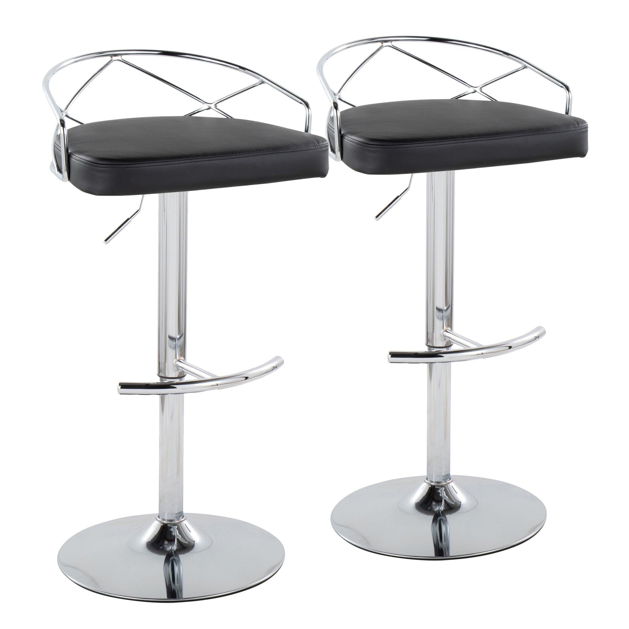 Charlotte Glam Adjustable Barstool - Set of 2 - Chrome Metal, Black PU