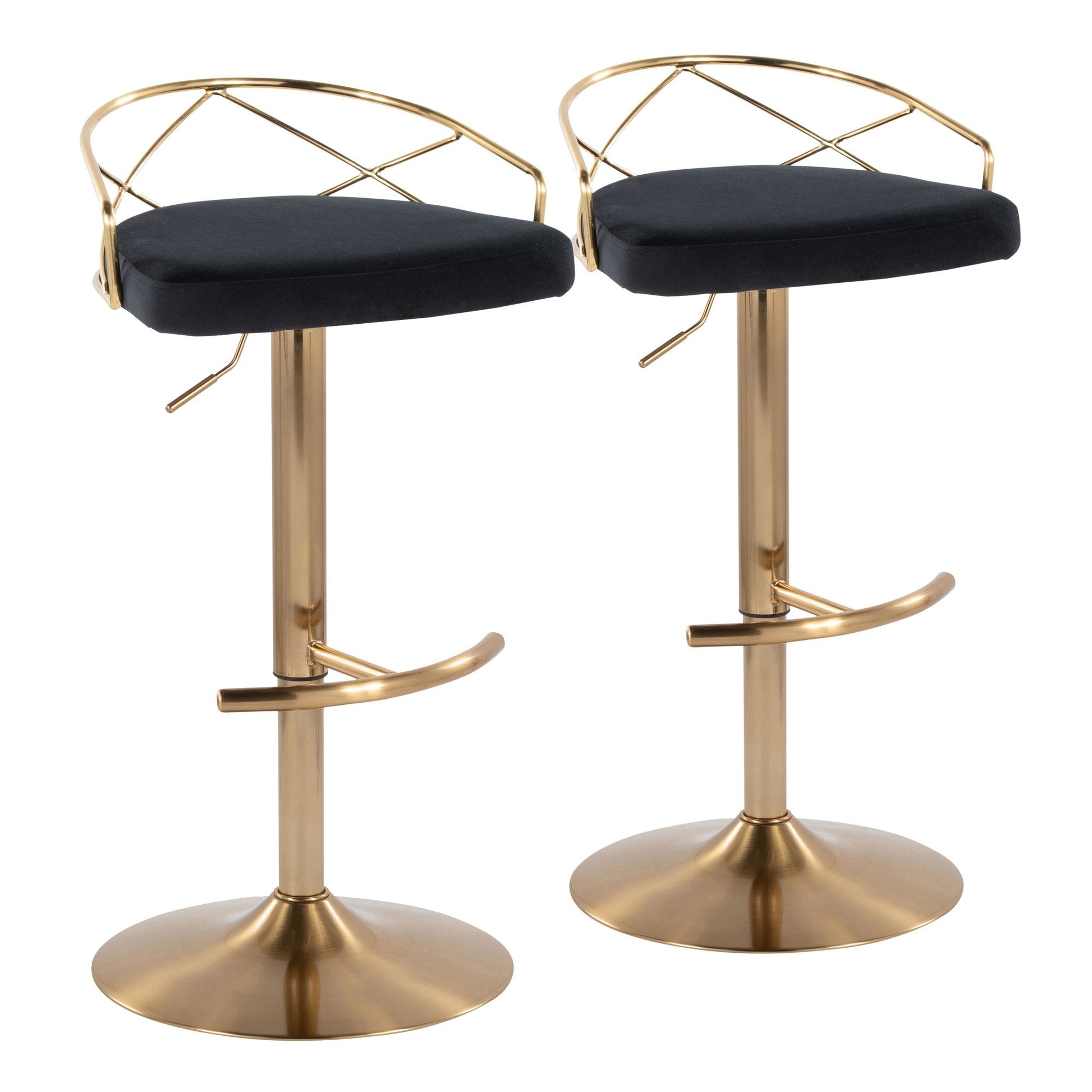 Charlotte Glam Adjustable Barstool - Set of 2 - Gold Metal, Black Velvet
