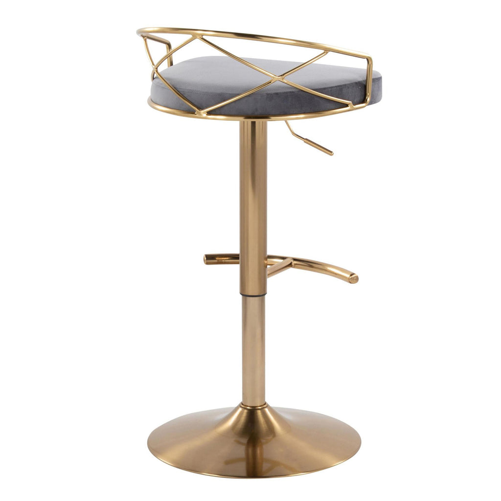 Charlotte Glam Adjustable Barstool - Set of 2 - Gold Metal, Grey Velvet