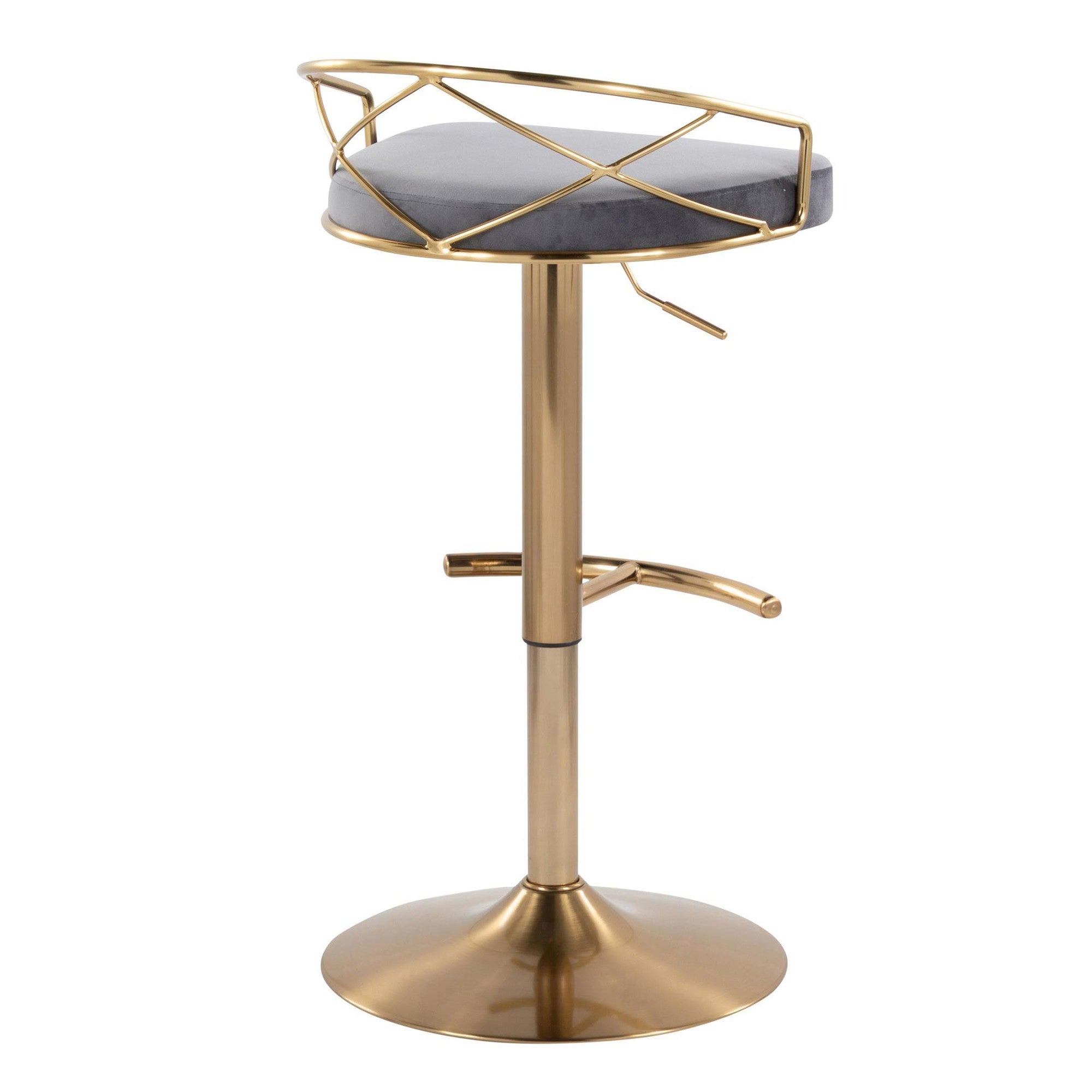 Charlotte Glam Adjustable Barstool - Set of 2 - Gold Metal, Grey Velvet