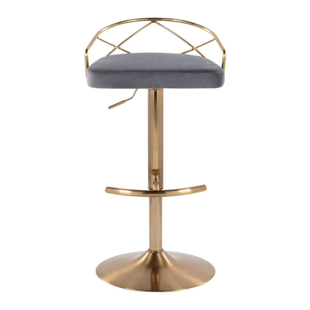 Charlotte Glam Adjustable Barstool - Set of 2 - Gold Metal, Grey Velvet