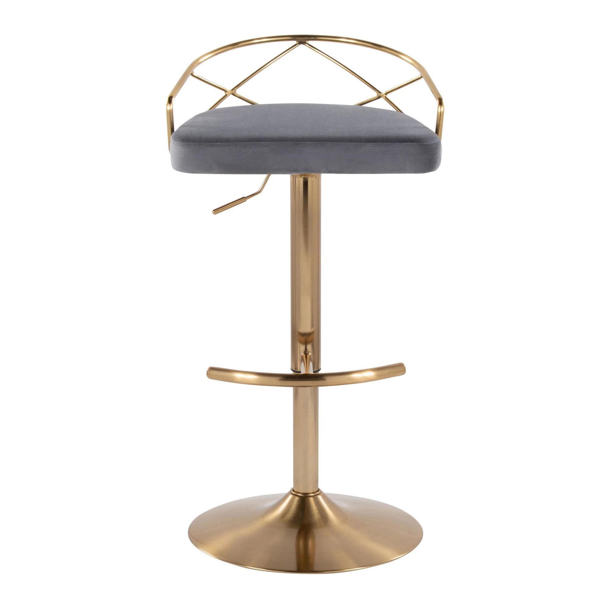 Charlotte Glam Adjustable Barstool - Set of 2 - Gold Metal, Grey Velvet