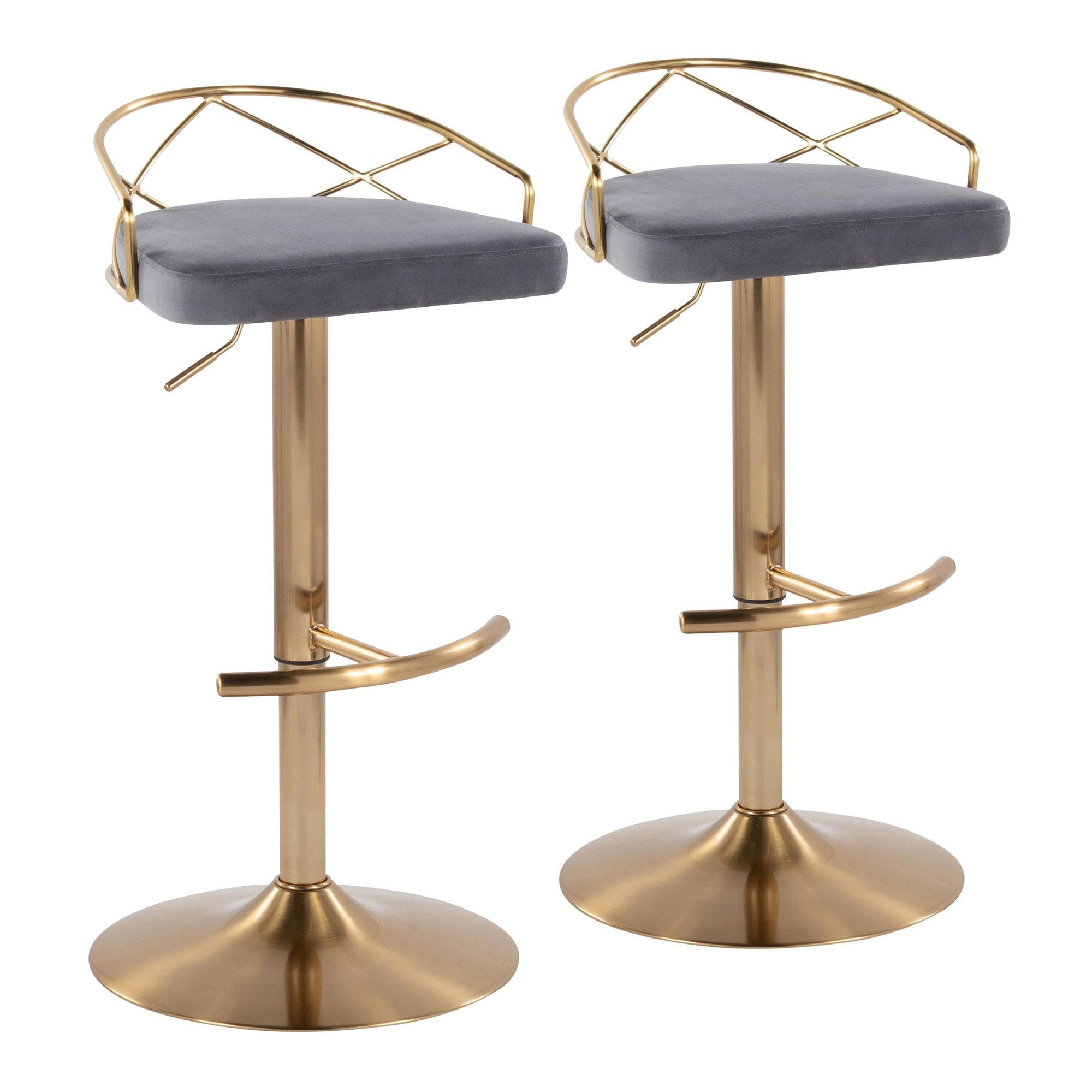 Charlotte Glam Adjustable Barstool - Set of 2 - Gold Metal, Grey Velvet