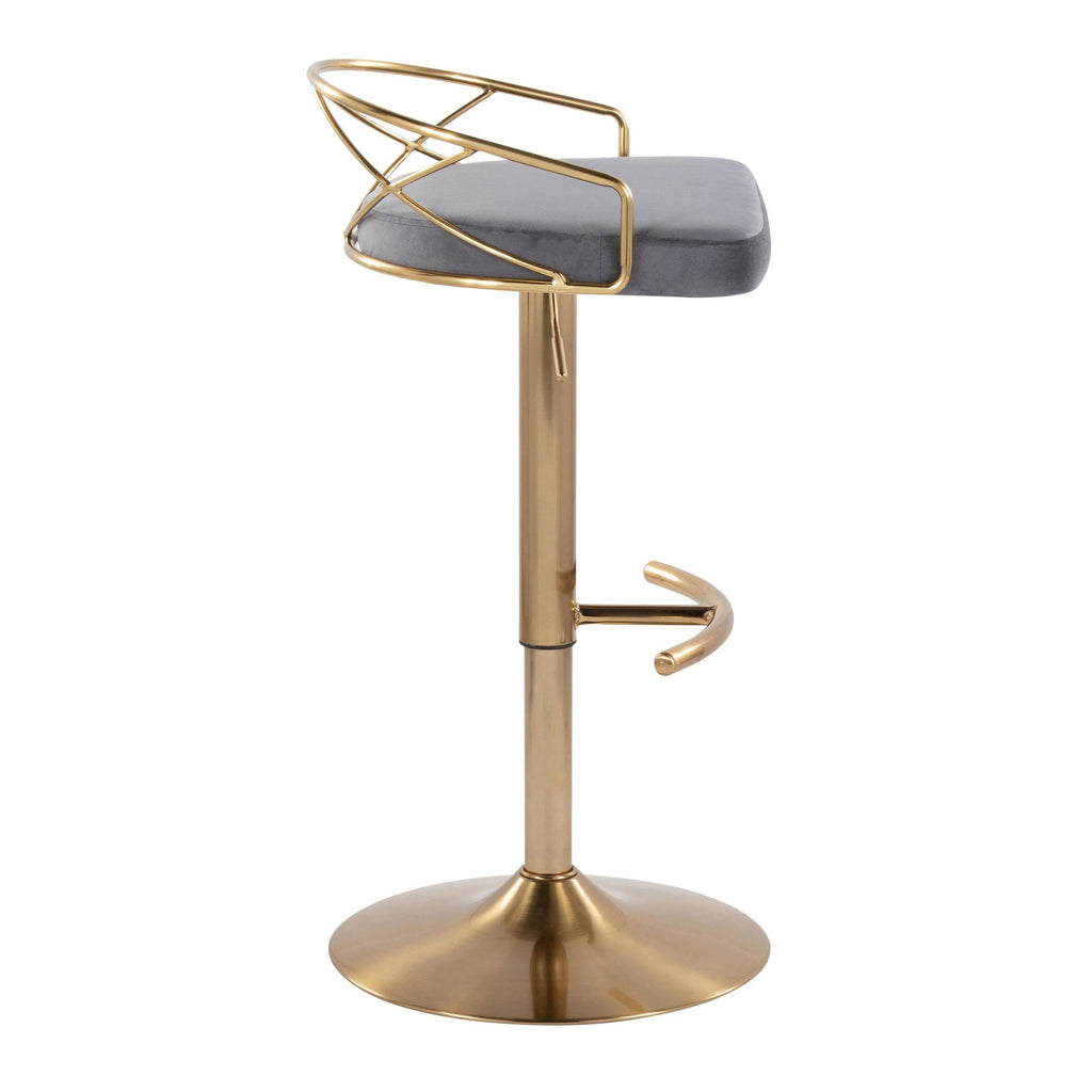 Charlotte Glam Adjustable Barstool - Set of 2 - Gold Metal, Grey Velvet