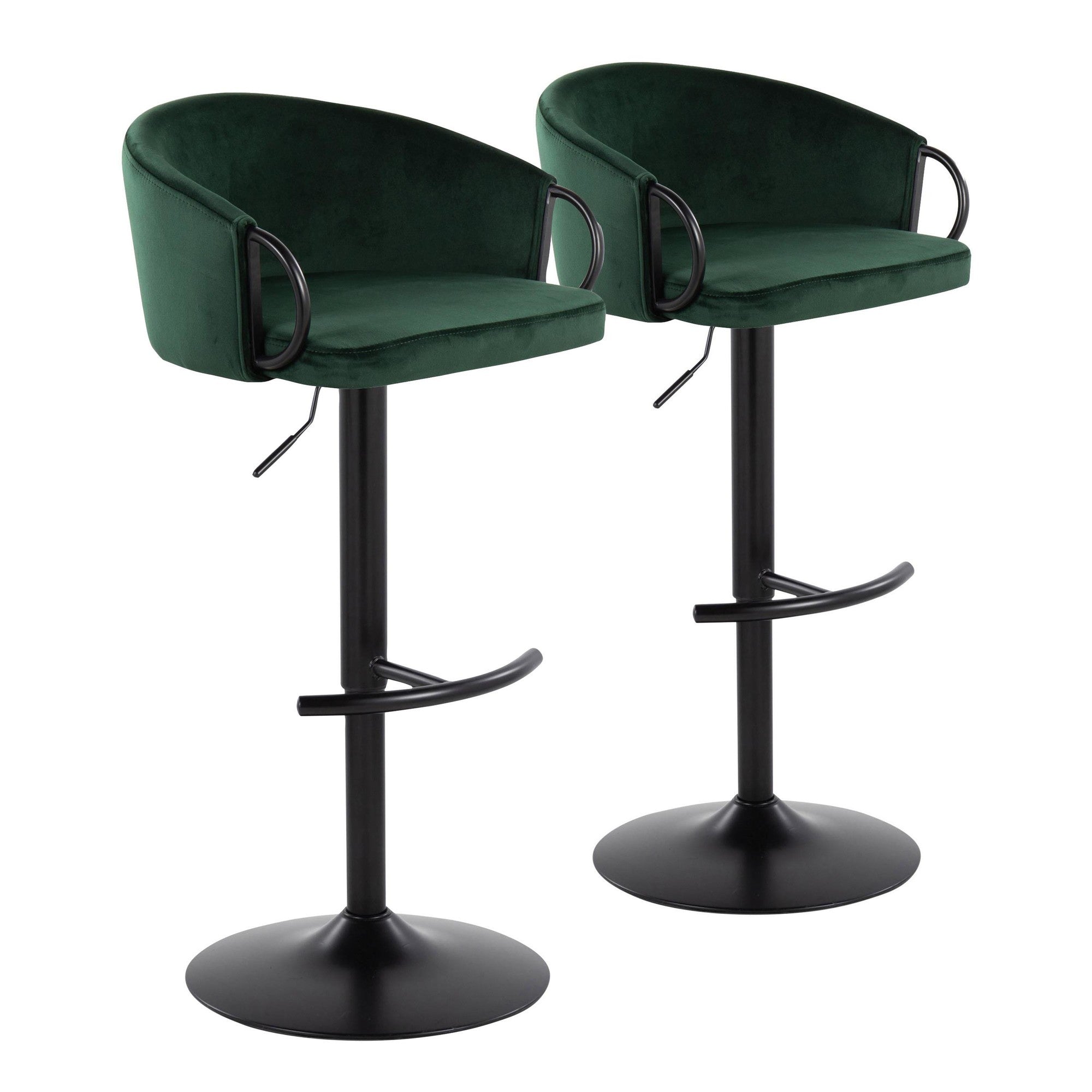 Claire Adjustable Barstool – Set of 2 - Black Metal, Green Velvet
