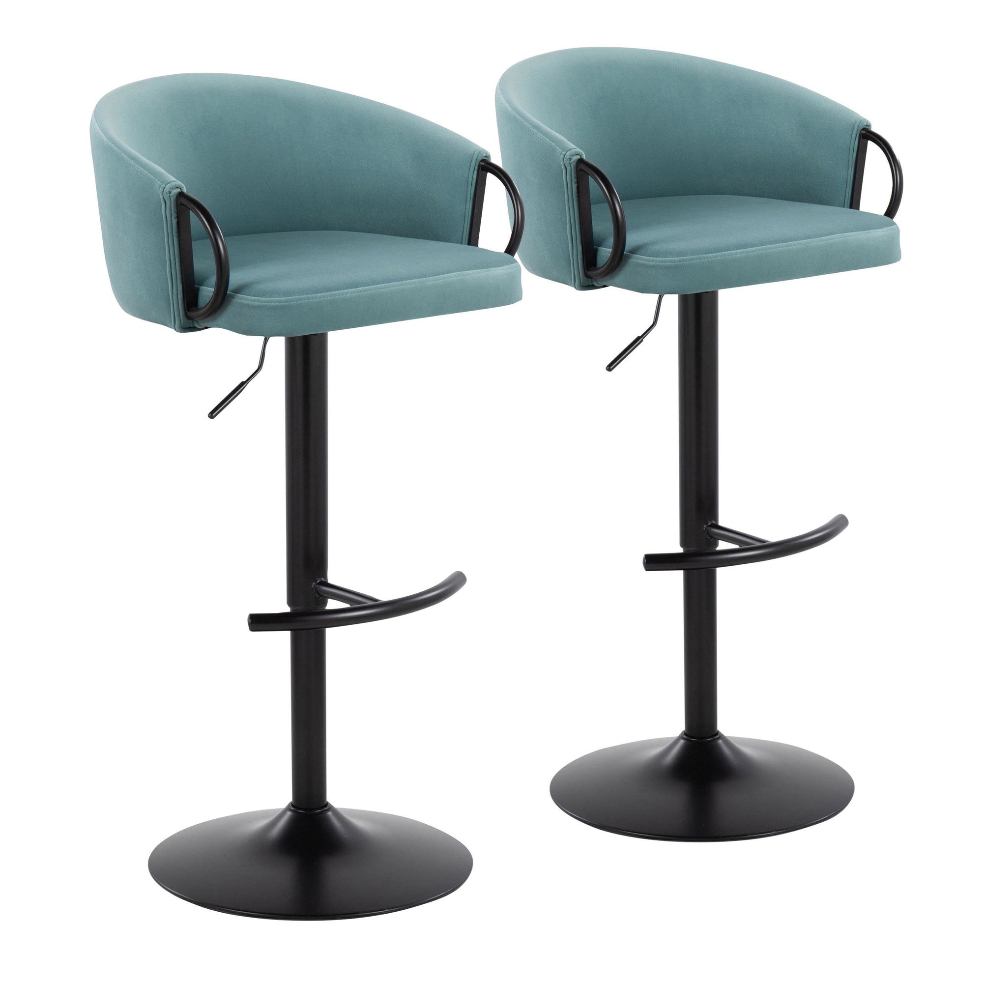 Claire Adjustable Barstool – Set of 2 - Black Metal, Light Blue Velvet