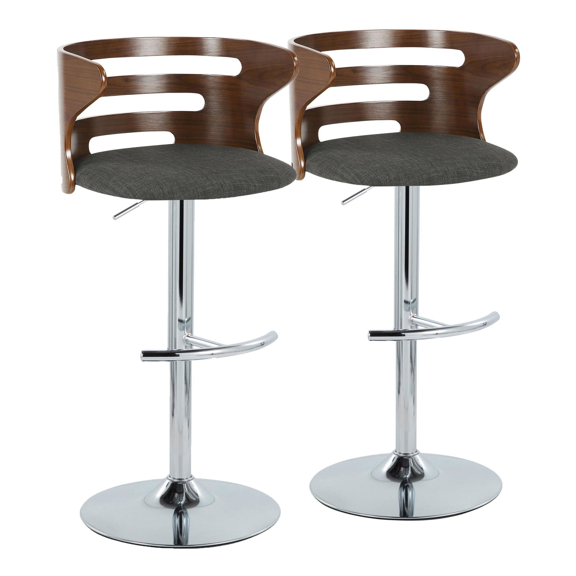 Cosi Adjustable Barstool - Set of 2 - Chrome, Walnut Wood, Charcoal Fabric