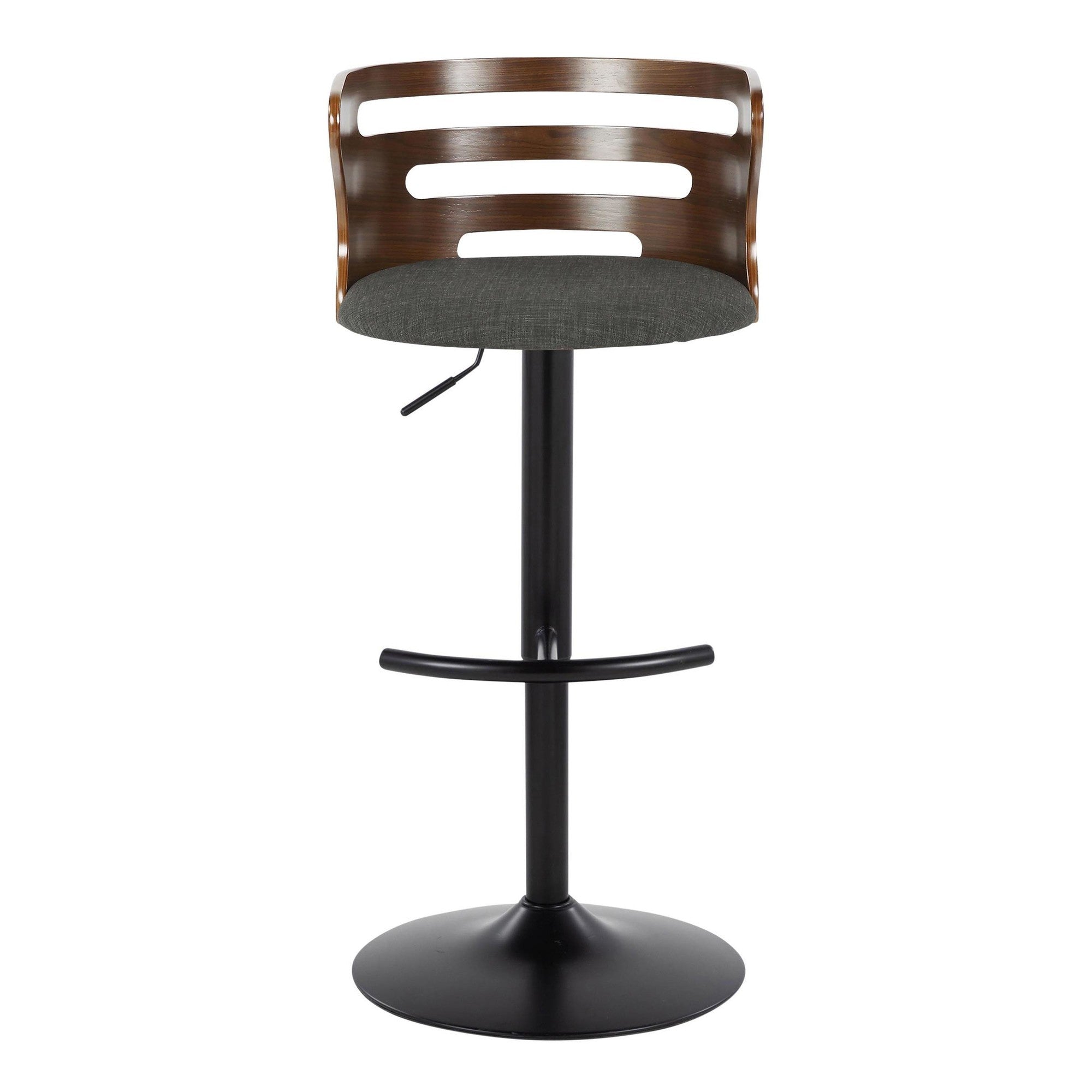 Cosi Adjustable Barstool - Set of 2 - Black Metal, Walnut Wood, Charcoal Fabric