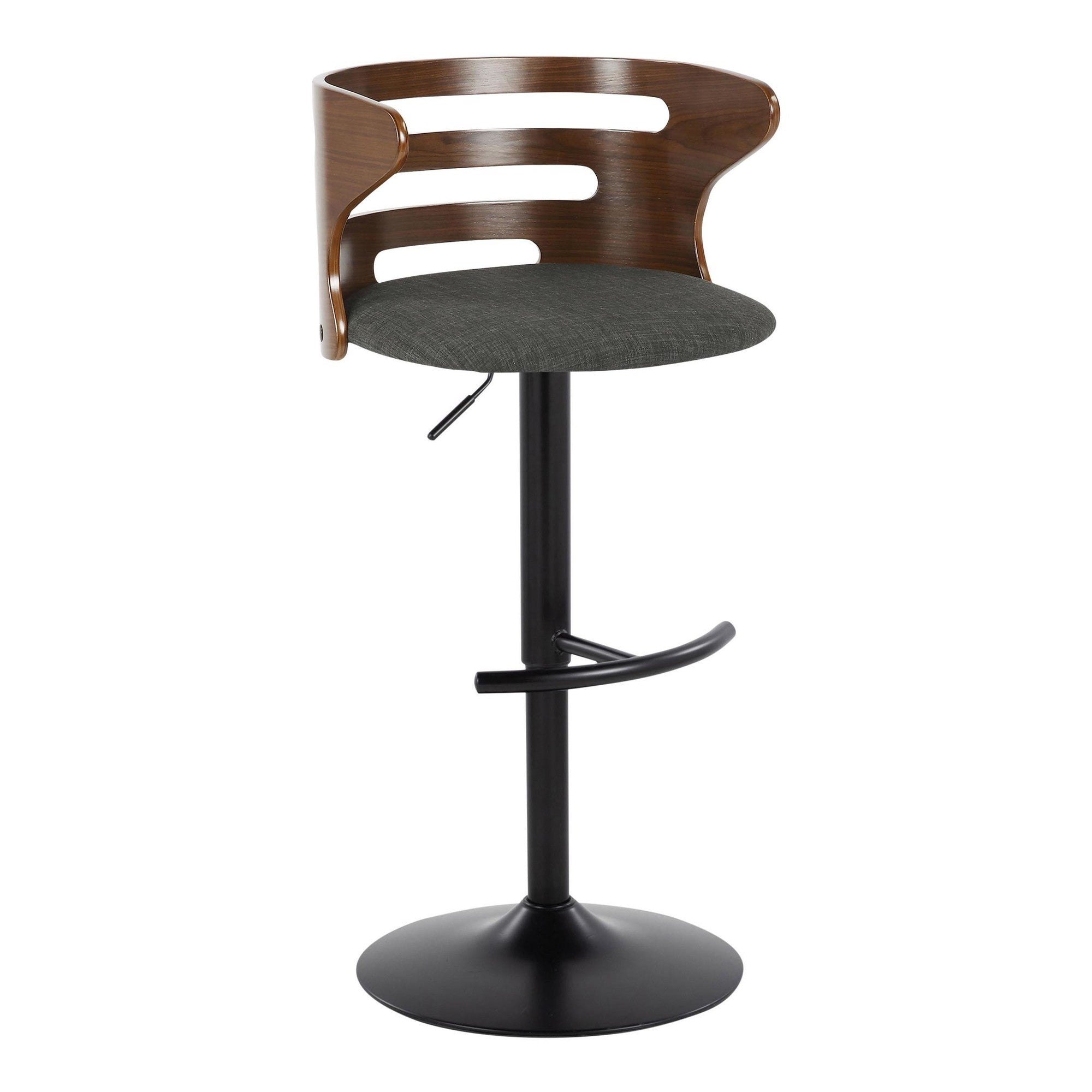 Cosi Adjustable Barstool - Set of 2 - Black Metal, Walnut Wood, Charcoal Fabric