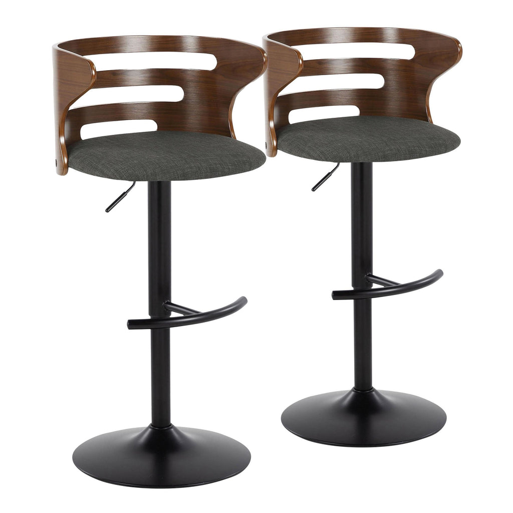 Cosi Adjustable Barstool - Set of 2 - Black Metal, Walnut Wood, Charcoal Fabric