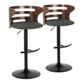 Cosi Adjustable Barstool - Set of 2 - Black Metal, Walnut Wood, Charcoal Fabric