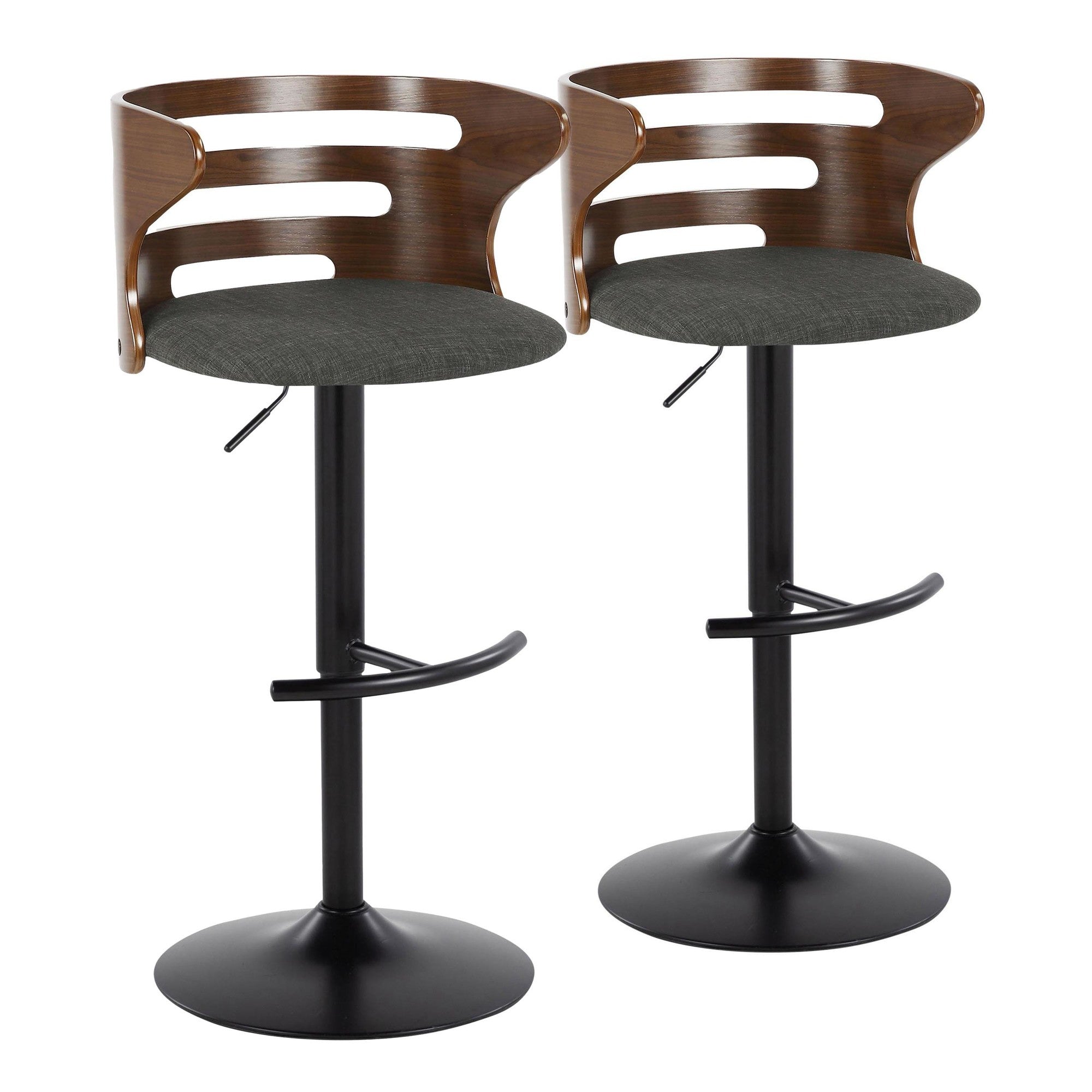 Cosi Adjustable Barstool - Set of 2 - Black Metal, Walnut Wood, Charcoal Fabric