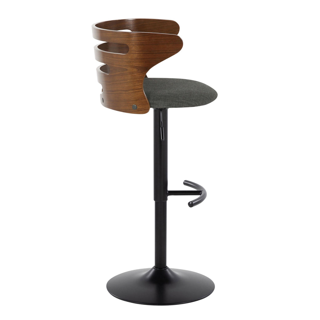 Cosi Adjustable Barstool - Set of 2 - Black Metal, Walnut Wood, Charcoal Fabric
