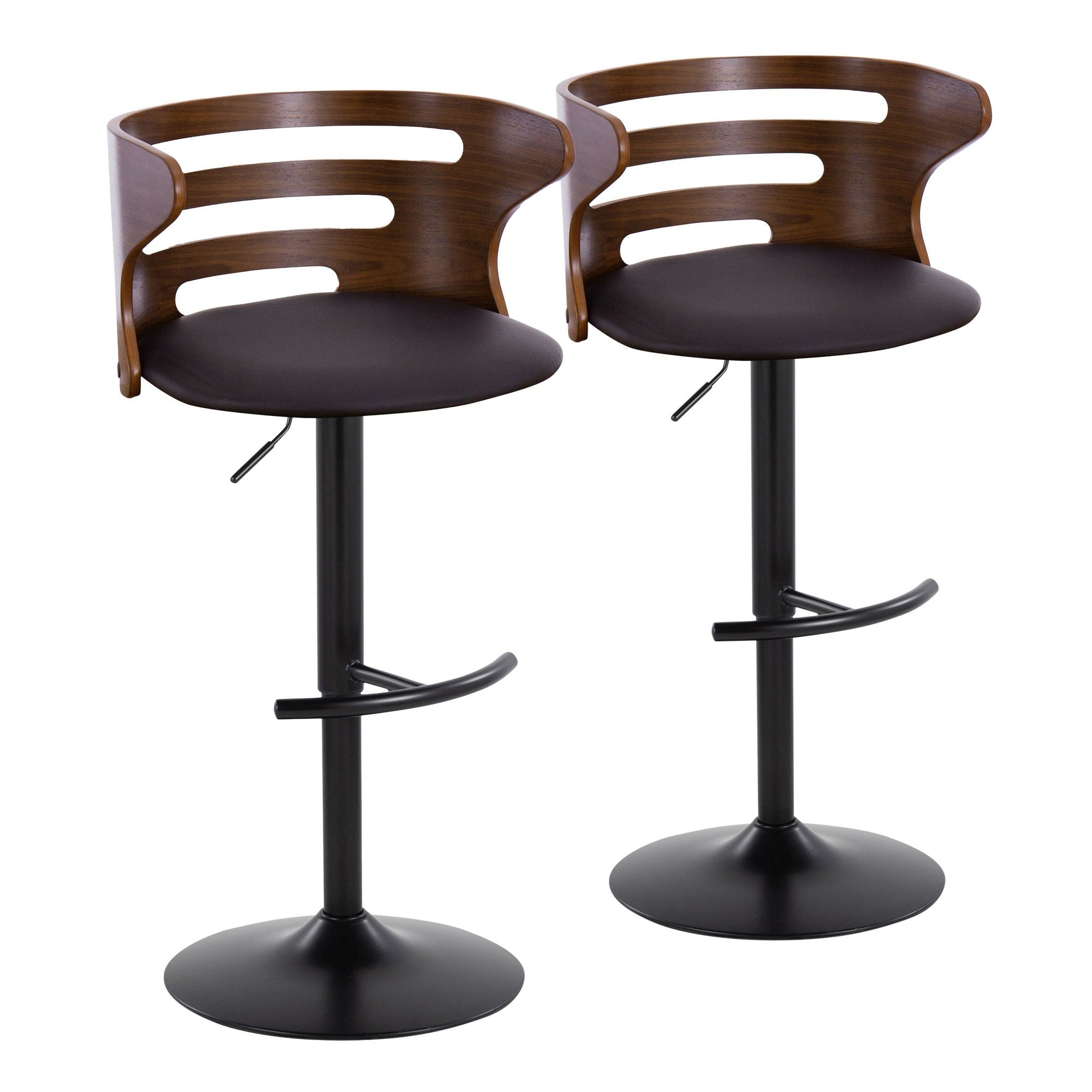 Cosi Adjustable Barstool - Set of 2 - Black Metal, Walnut Wood, Brown PU
