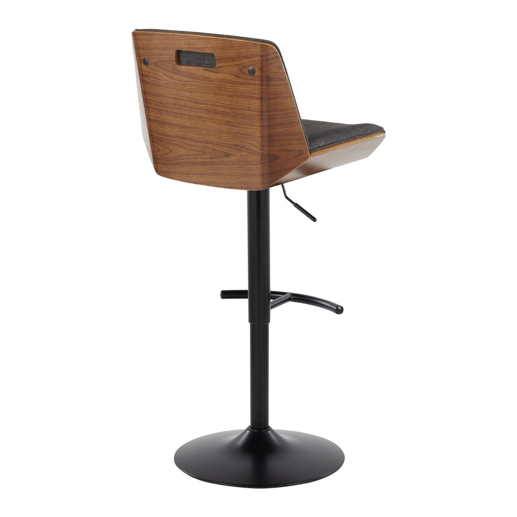 Corazza Adjustable Barstool - Set of 2 - Black Metal, Walnut Wood, Charcoal Fabric
