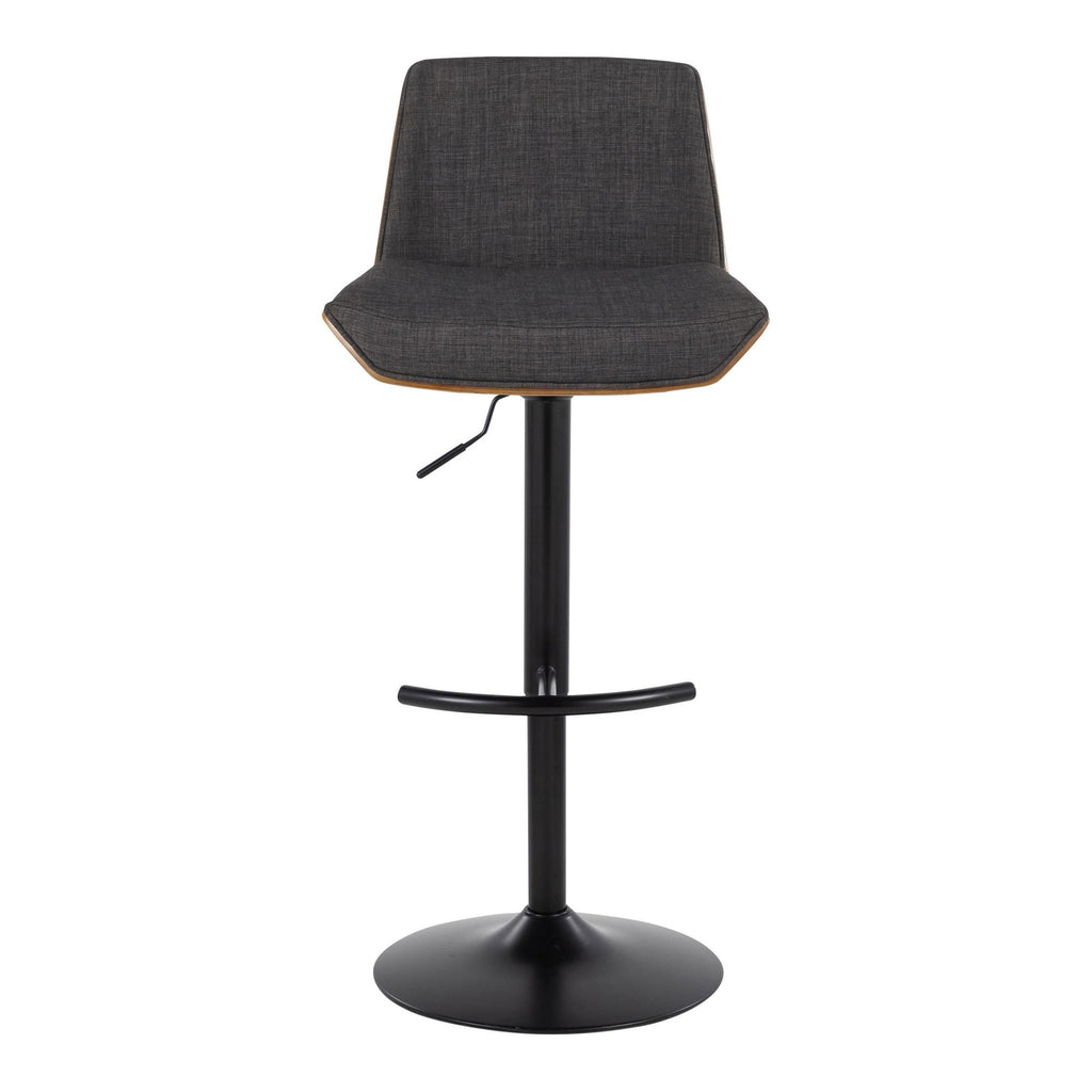 Corazza Adjustable Barstool - Set of 2 - Black Metal, Walnut Wood, Charcoal Fabric