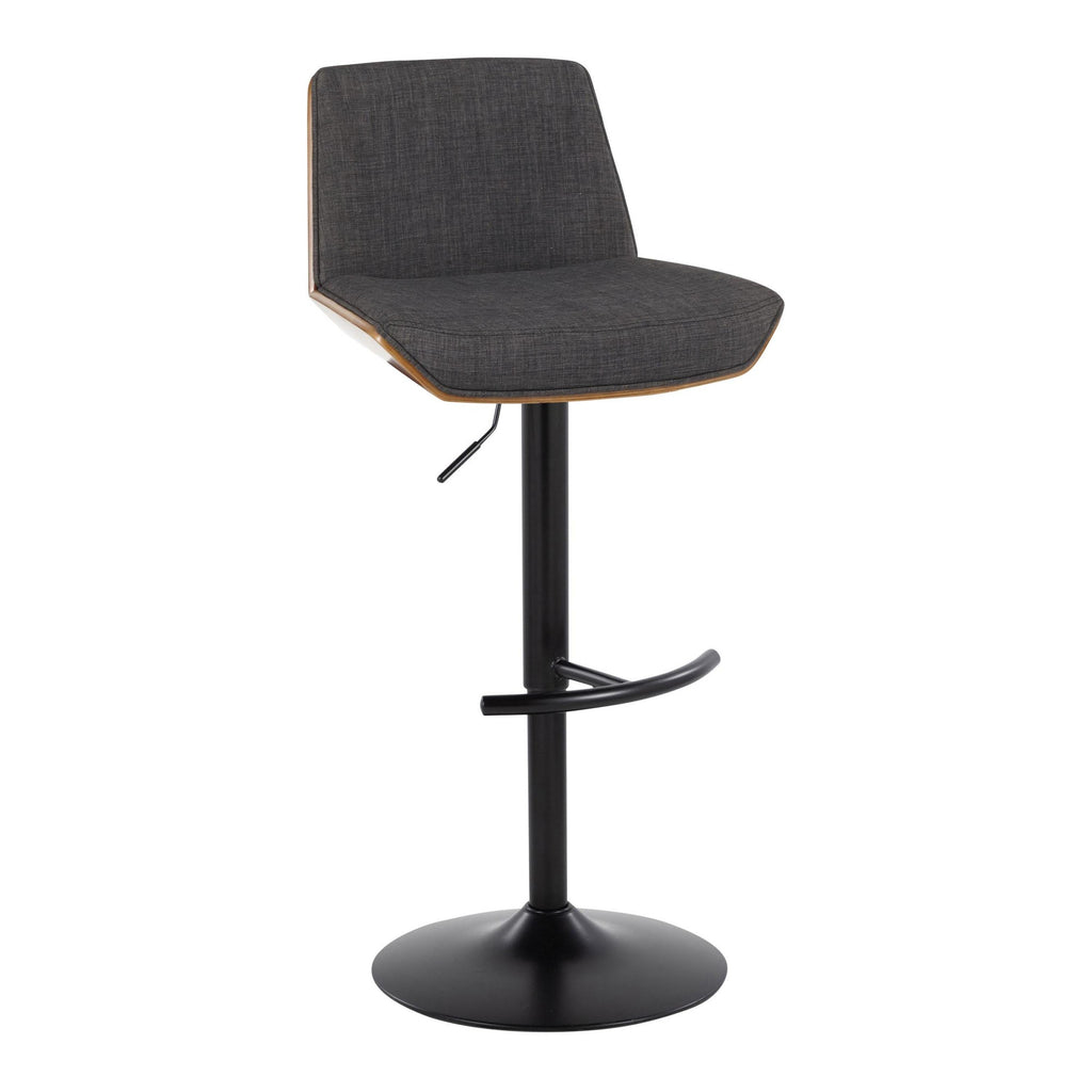 Corazza Adjustable Barstool - Set of 2 - Black Metal, Walnut Wood, Charcoal Fabric