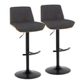 Corazza Adjustable Barstool - Set of 2 - Black Metal, Walnut Wood, Charcoal Fabric