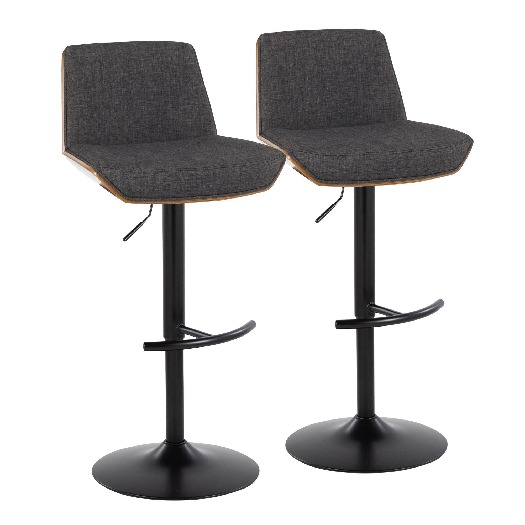 Corazza Adjustable Barstool - Set of 2 - Black Metal, Walnut Wood, Charcoal Fabric