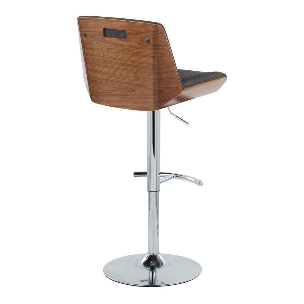 Corazza Adjustable Barstool - Set of 2 - Chrome Metal, Walnut Wood, Charcoal Fabric