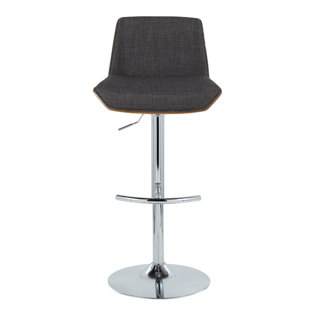 Corazza Adjustable Barstool - Set of 2 - Chrome Metal, Walnut Wood, Charcoal Fabric