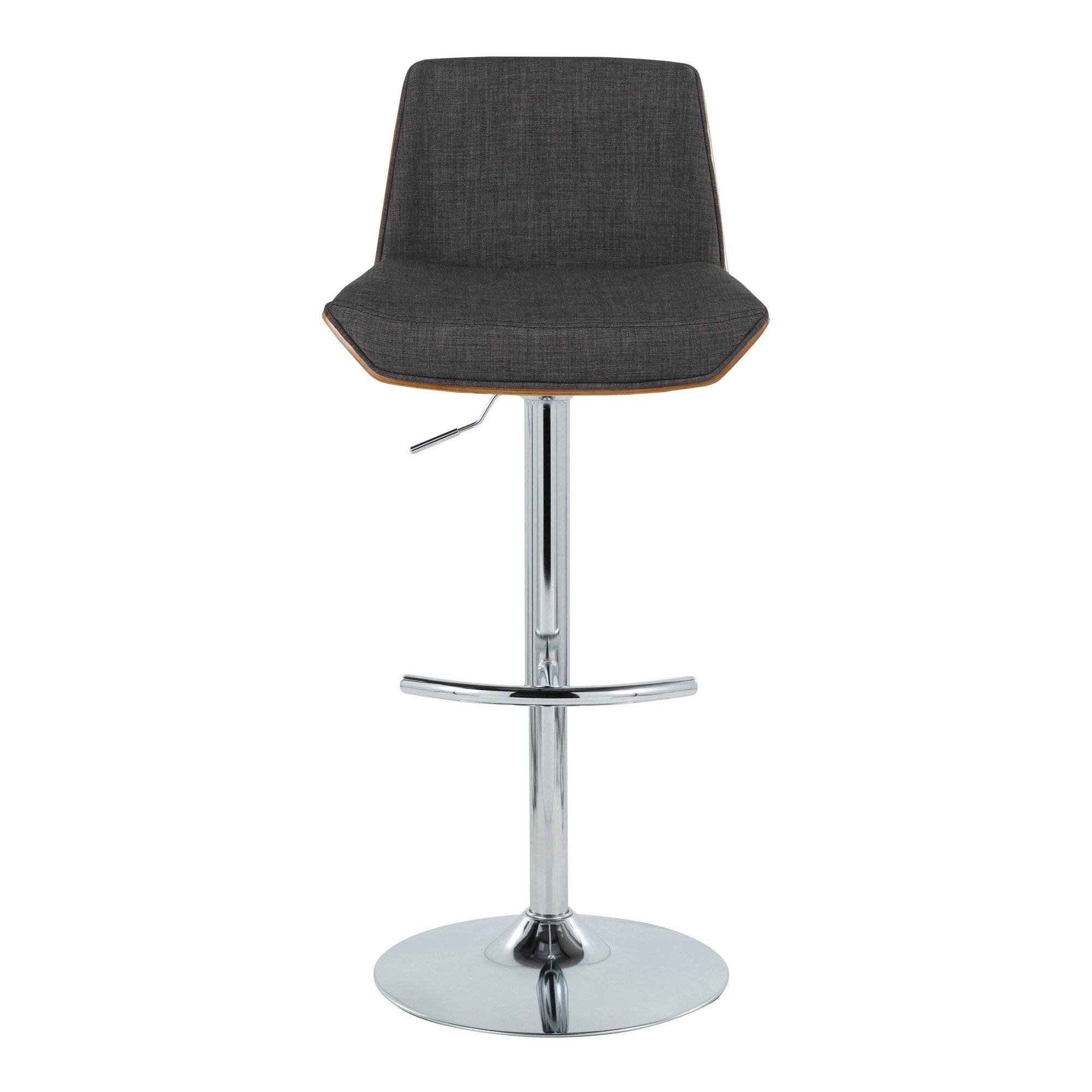 Corazza Adjustable Barstool - Set of 2 - Chrome Metal, Walnut Wood, Charcoal Fabric