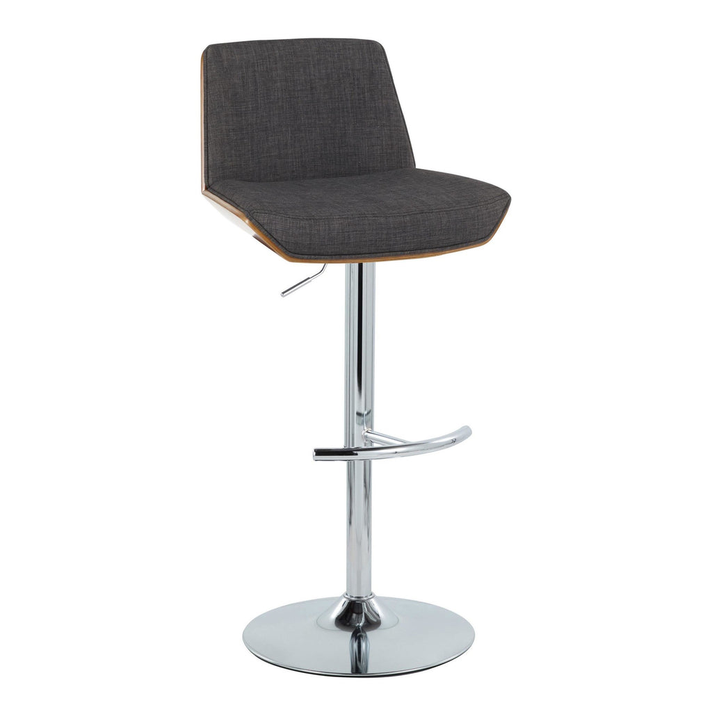 Corazza Adjustable Barstool - Set of 2 - Chrome Metal, Walnut Wood, Charcoal Fabric