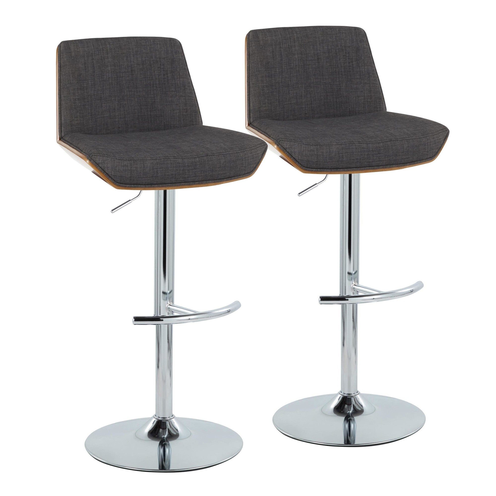 Corazza Adjustable Barstool - Set of 2 - Chrome Metal, Walnut Wood, Charcoal Fabric