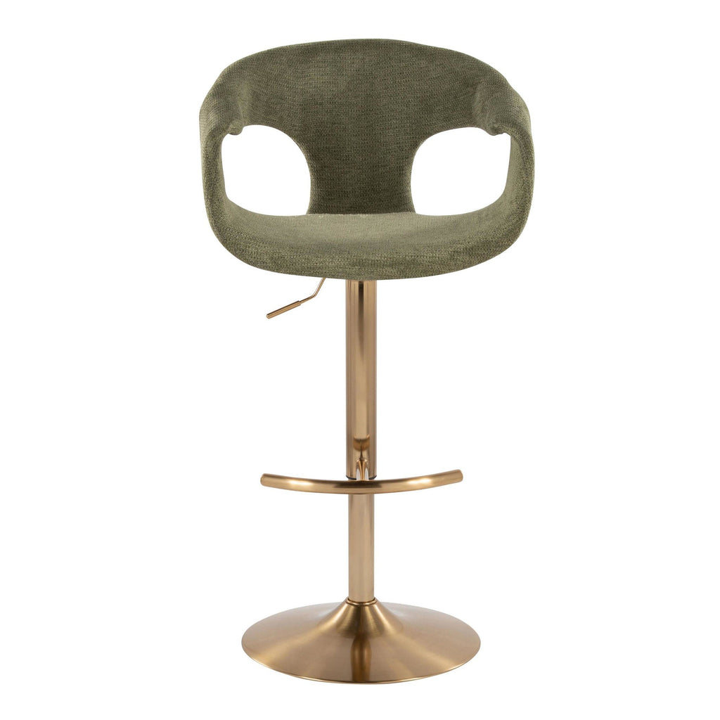 Curva Adjustable Barstool - Set of 2 - Gold Metal, Green Fabric