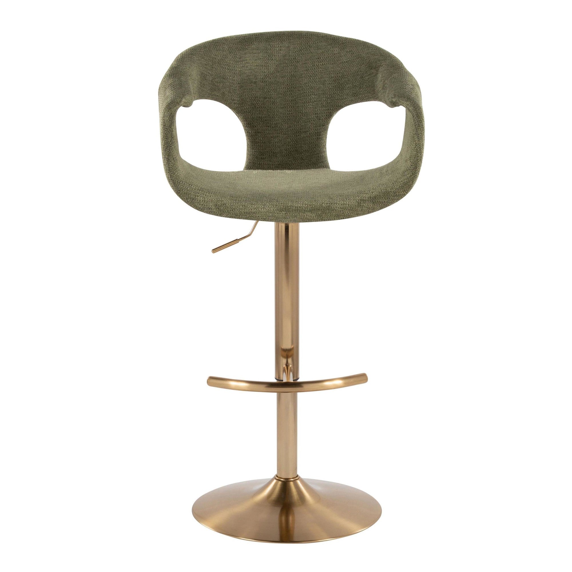 Curva Adjustable Barstool - Set of 2 - Gold Metal, Green Fabric