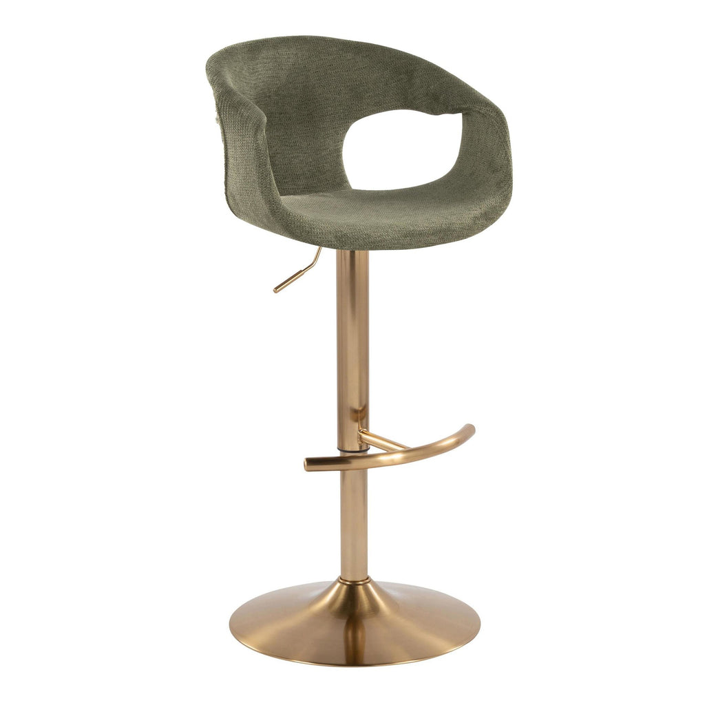 Curva Adjustable Barstool - Set of 2 - Gold Metal, Green Fabric
