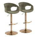 Curva Adjustable Barstool - Set of 2 - Gold Metal, Green Fabric