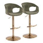 Curva Adjustable Barstool - Set of 2 - Gold Metal, Green Fabric