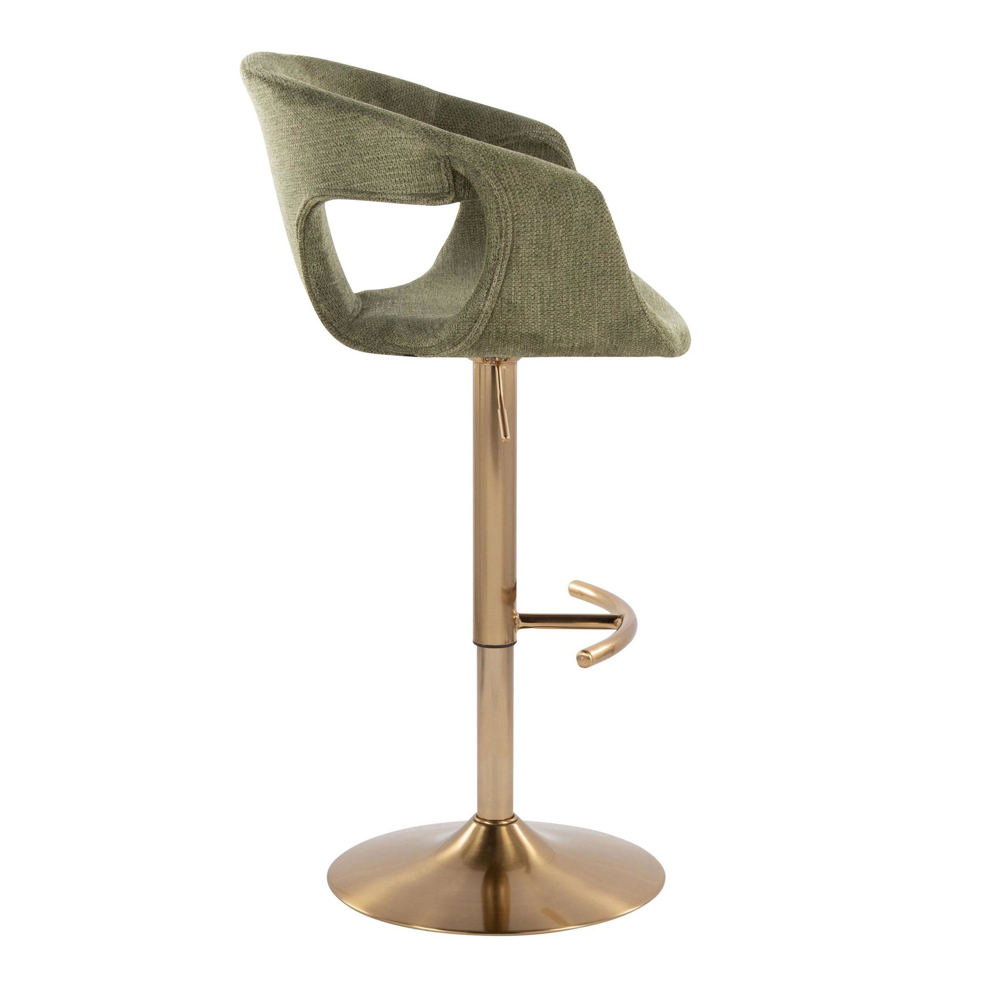 Curva Adjustable Barstool - Set of 2 - Gold Metal, Green Fabric