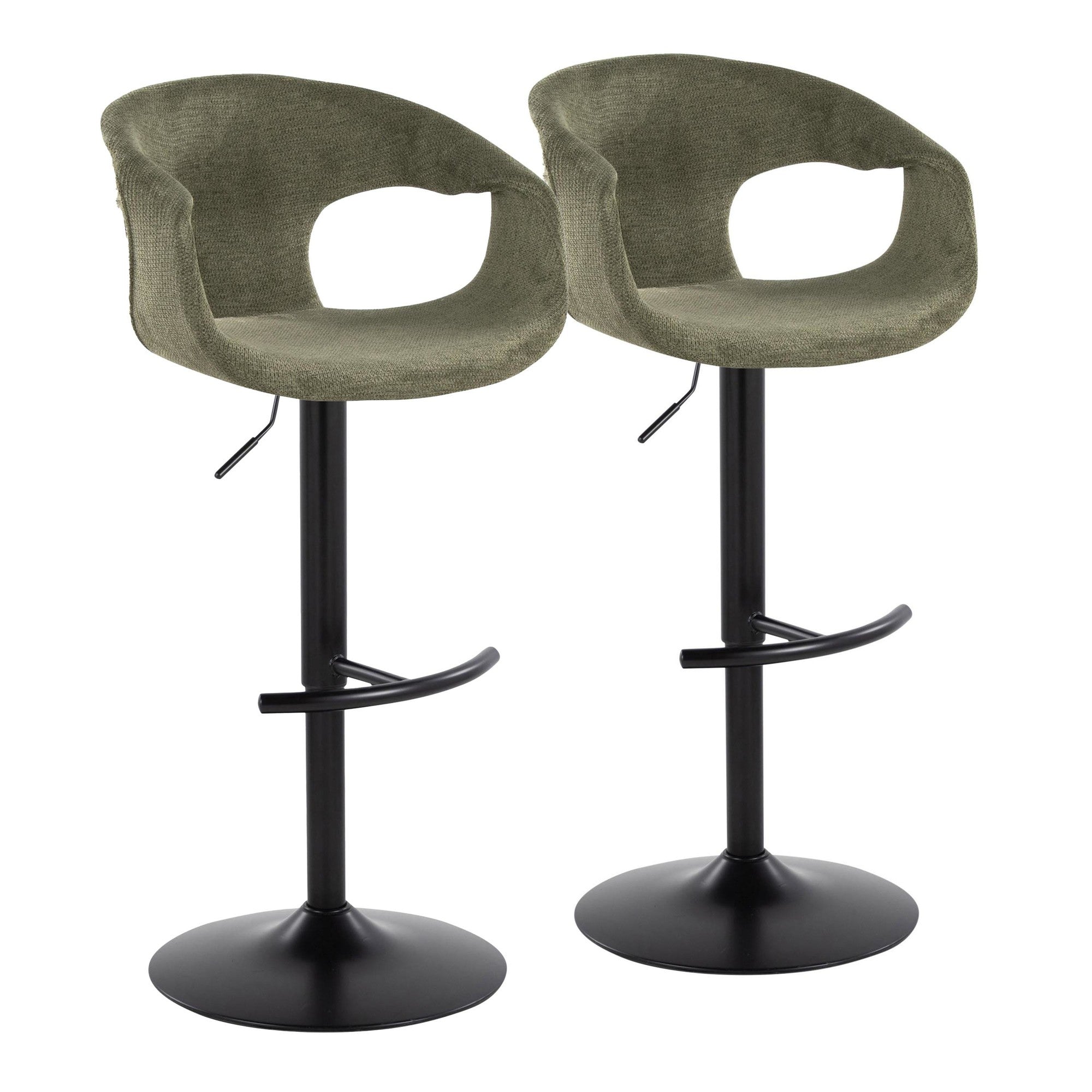 Curva Adjustable Barstool - Set of 2 - Black Metal, Green Fabric