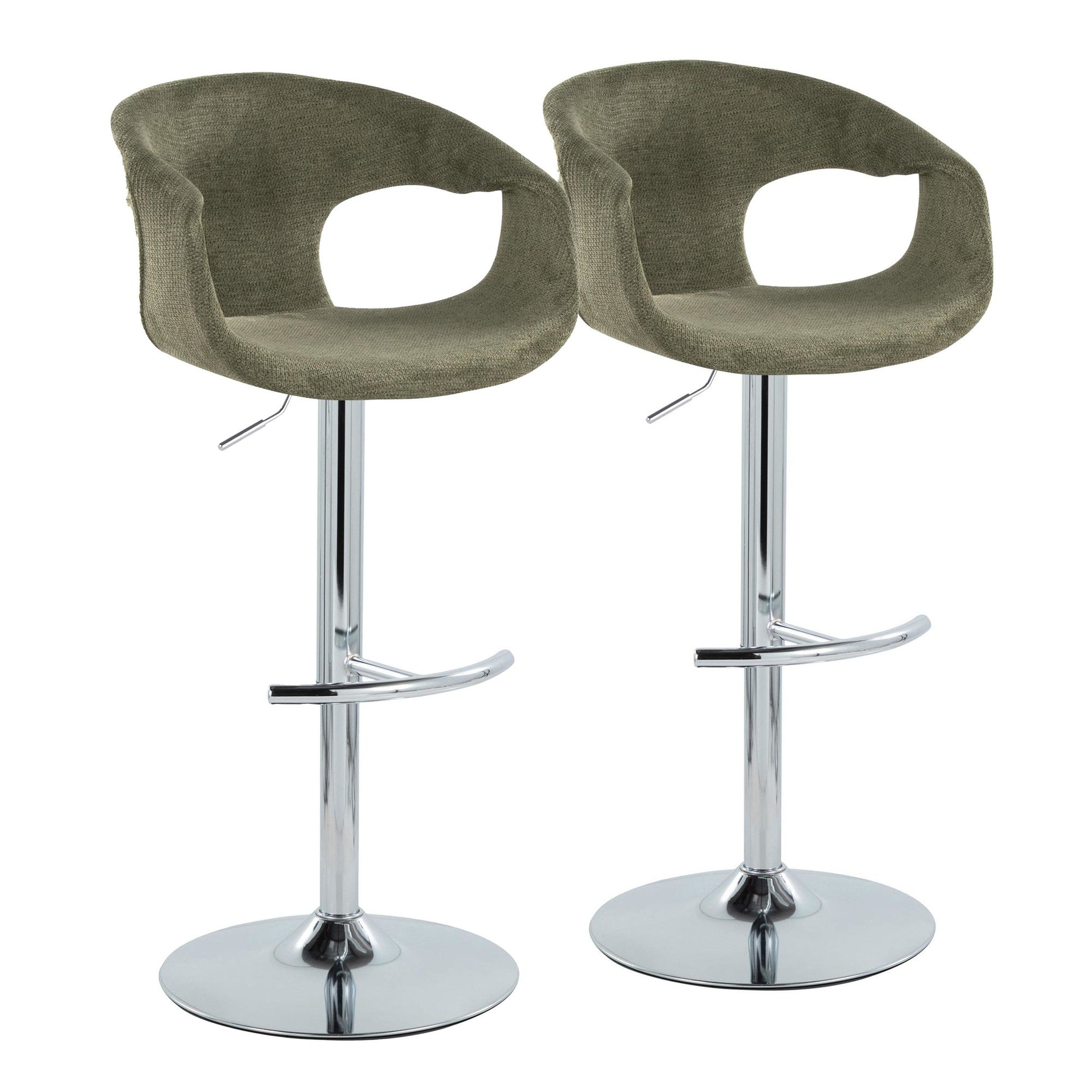 Curva Adjustable Barstool - Set of 2 - Chrome Metal, Green Fabric