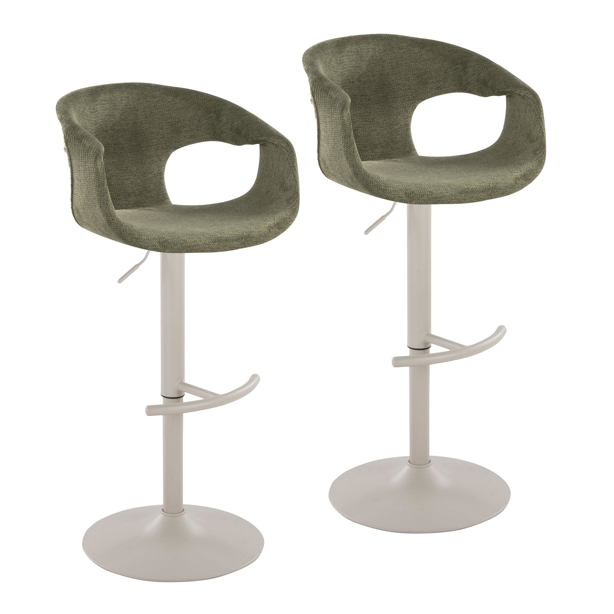 Curva Adjustable Barstool - Set of 2 - Pearl Grey Metal, Green Fabric